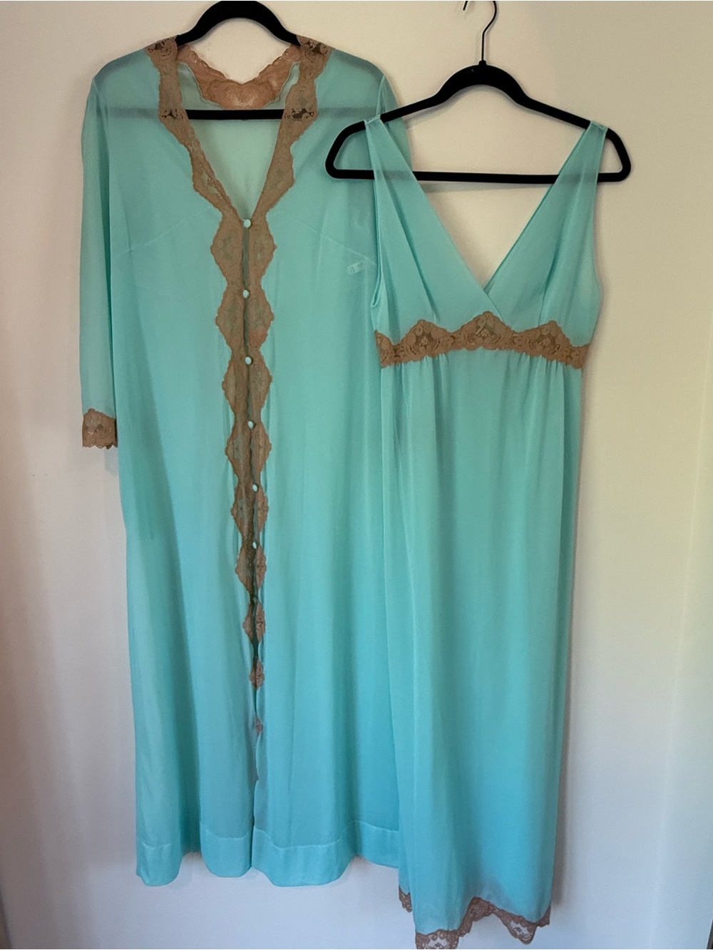 Vintage Emilio Pucci Aqua Nightgown and Robe Set with Tan Lace